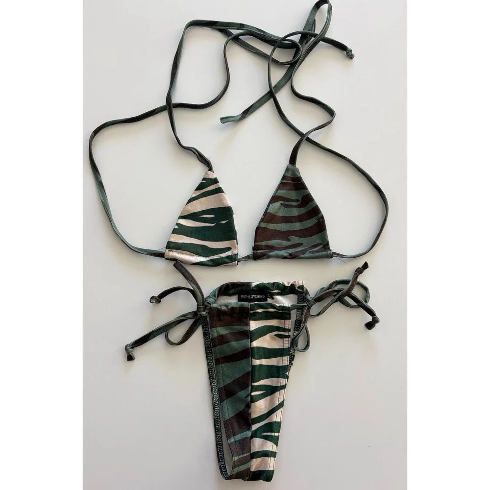 Prettylittlething Bikini Two-Piece Women's 4 Green Black Tan Camo Summer Beach